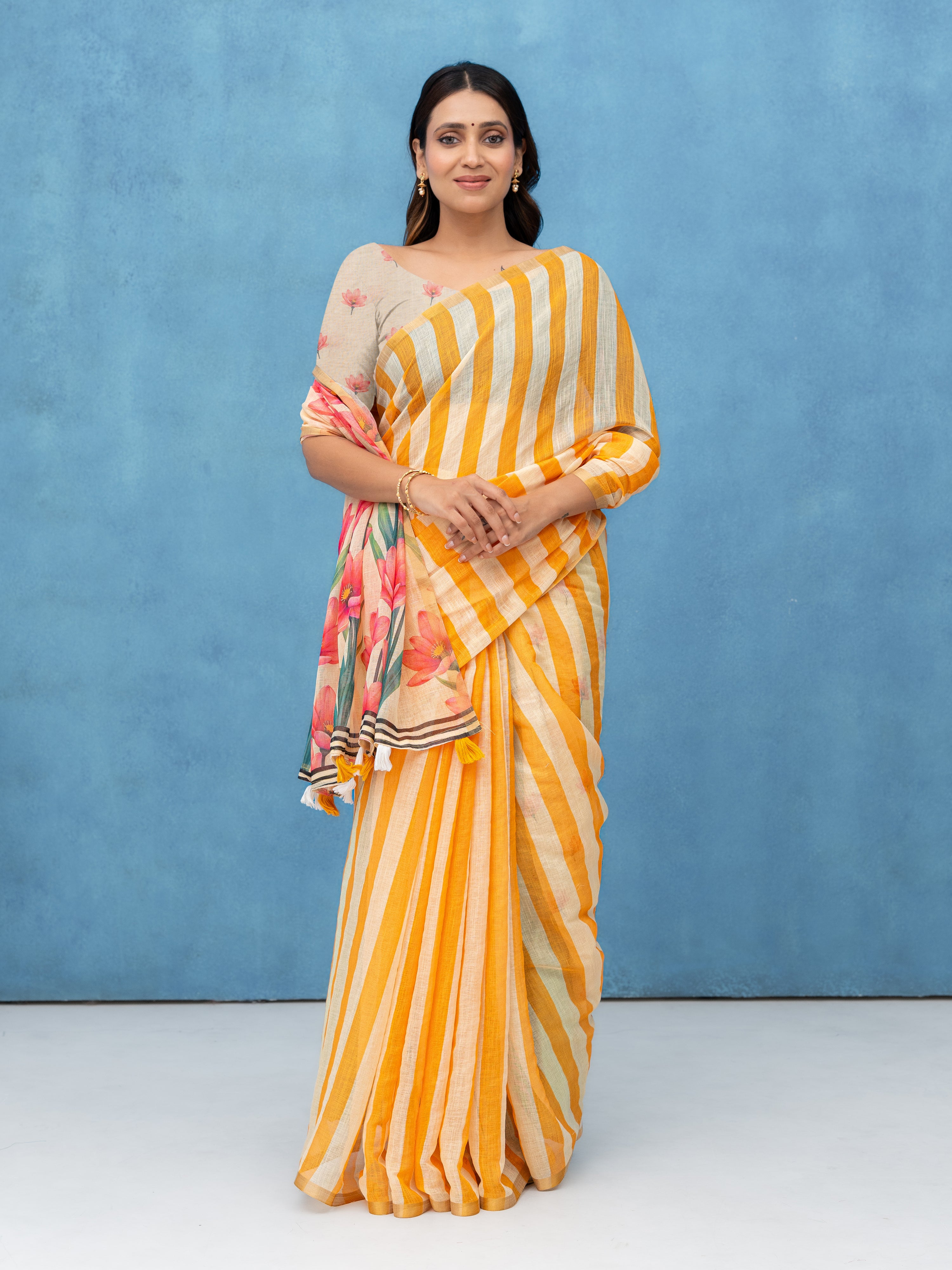 Beige Cotton Linen Saree