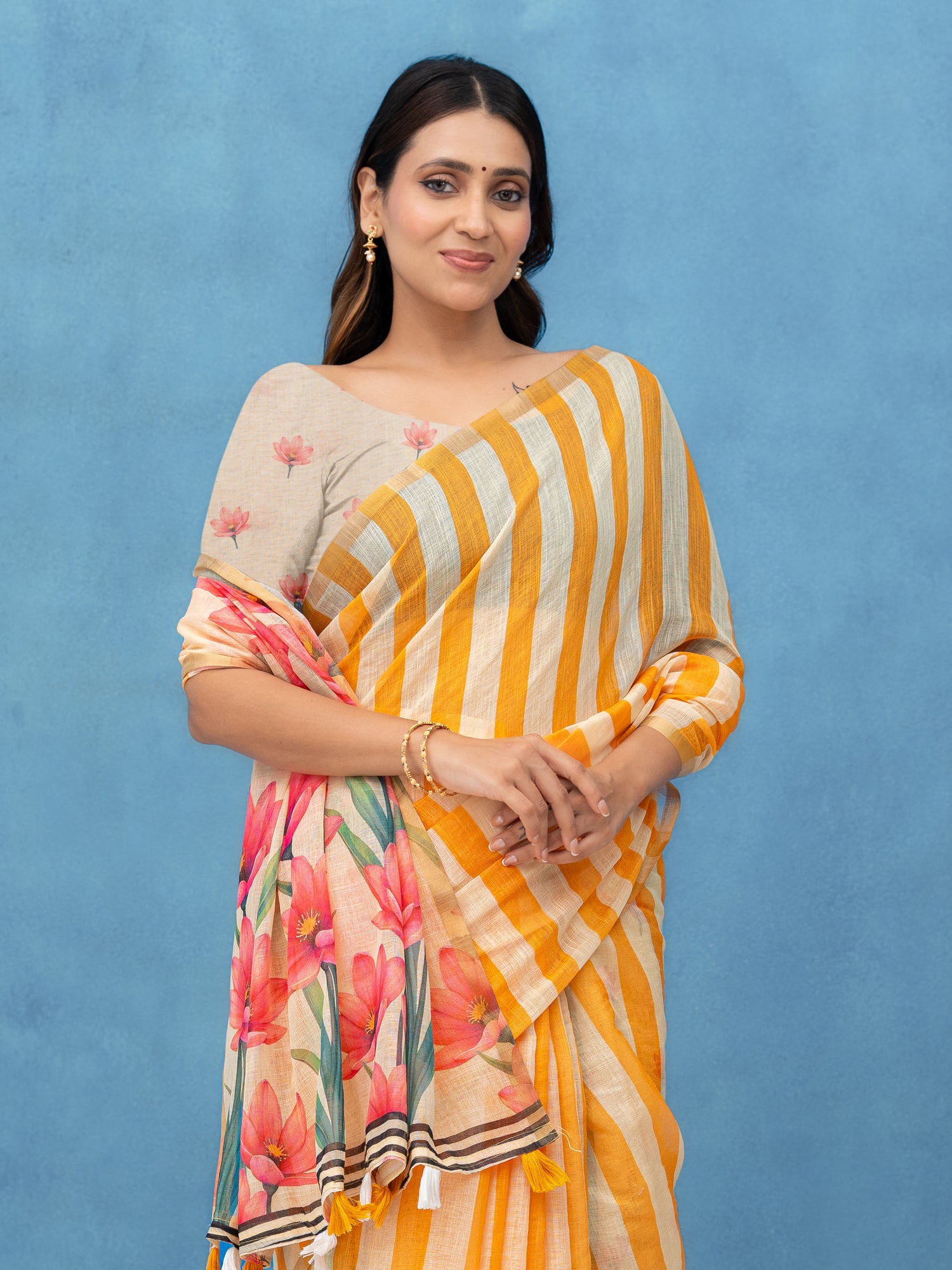 Beige Cotton Linen Saree