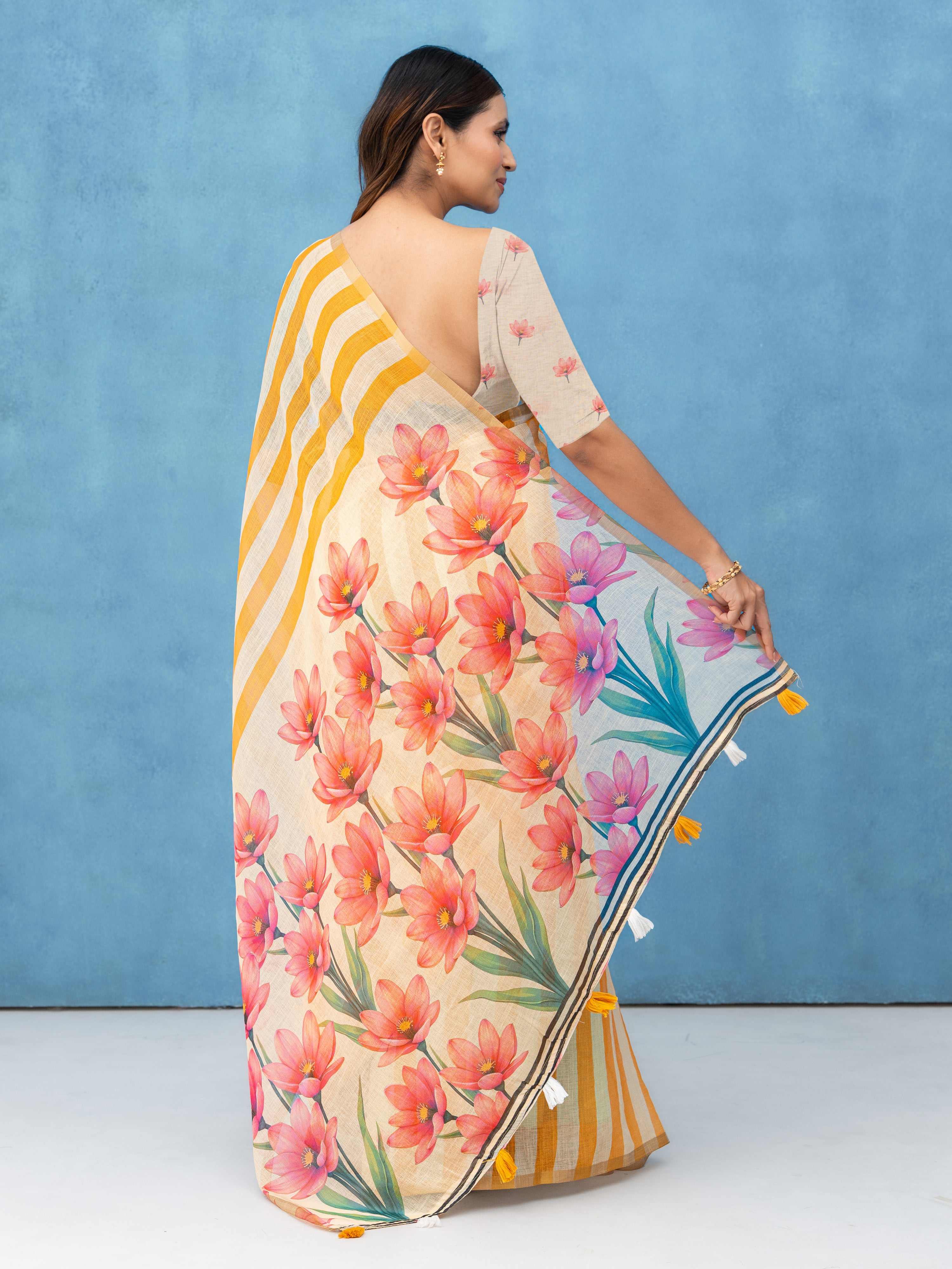 Beige Cotton Linen Saree