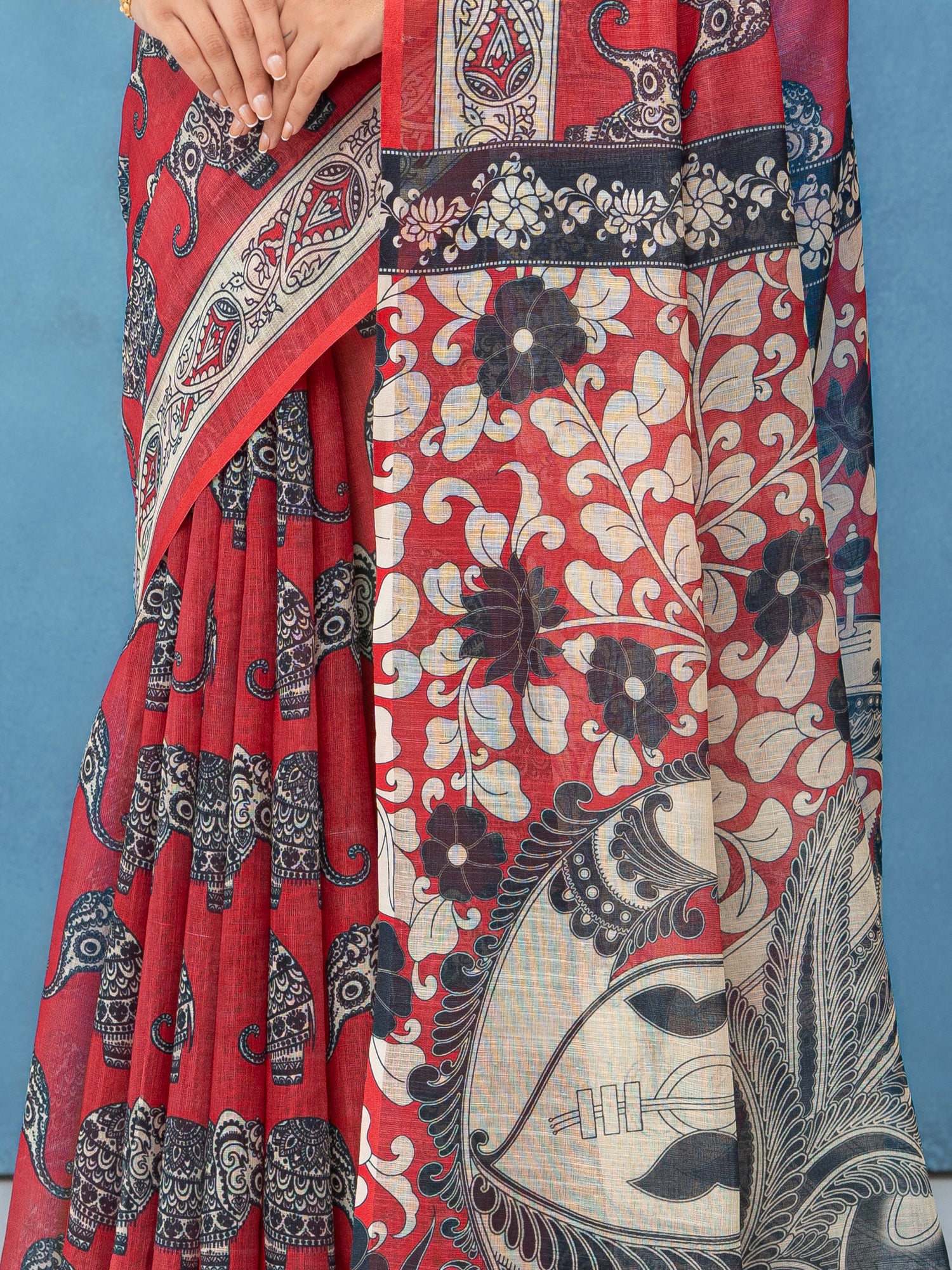 Red Cotton Linen Saree