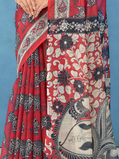 Red Cotton Linen Saree