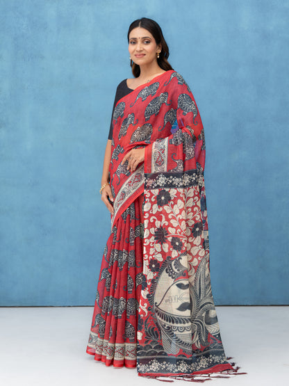 Red Cotton Linen Saree