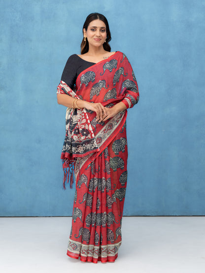 Red Cotton Linen Saree