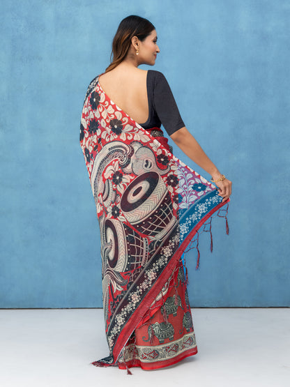 Red Cotton Linen Saree