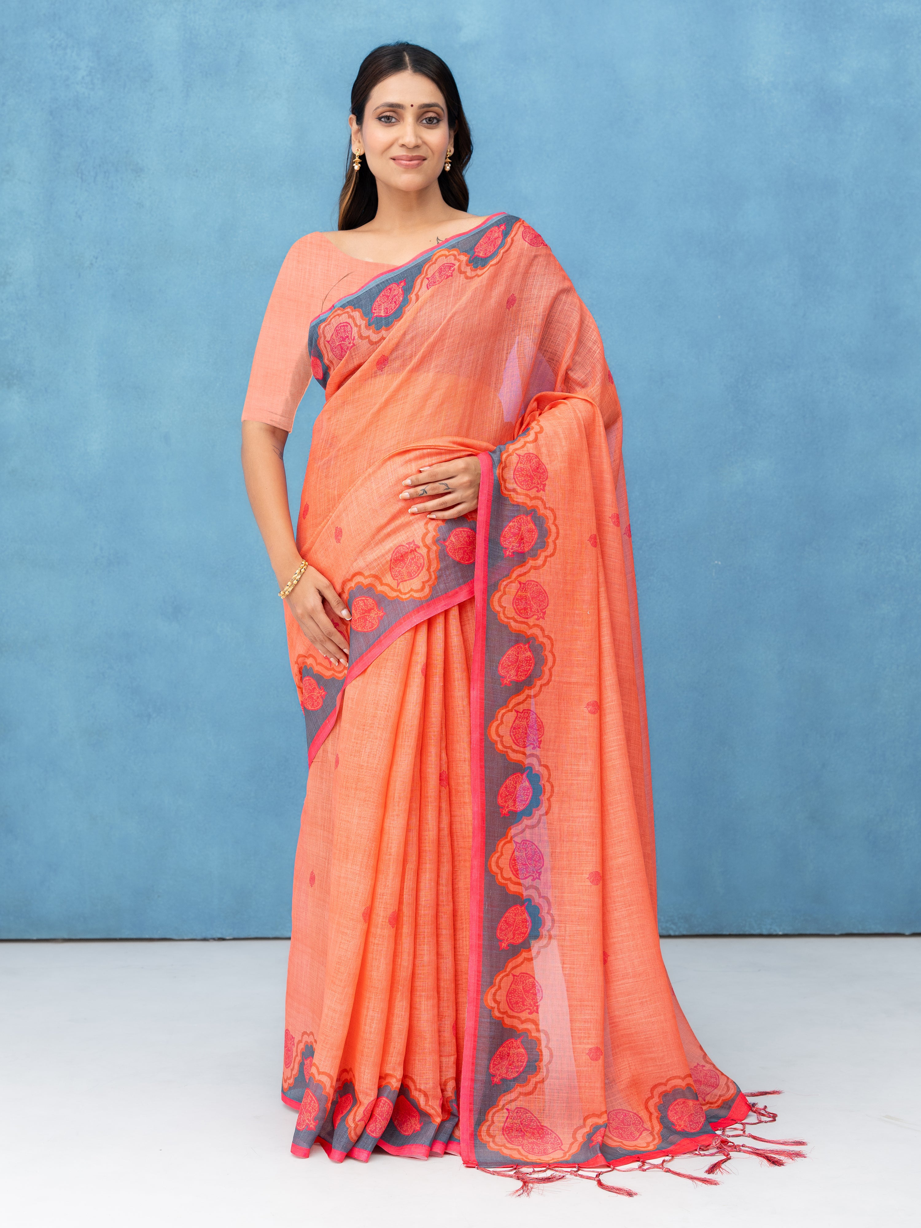 Peach Cotton Linen Saree