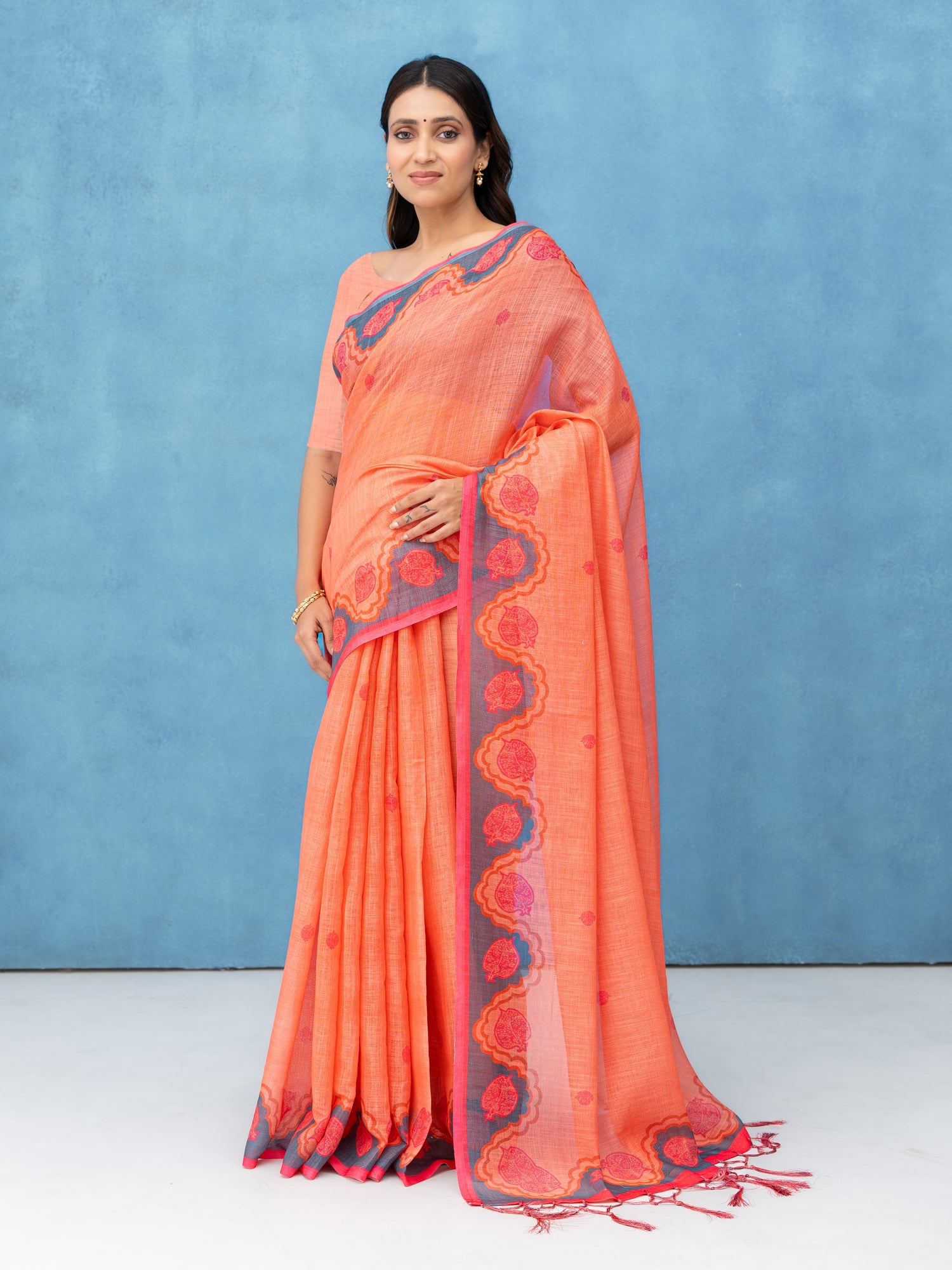 Peach Cotton Linen Saree