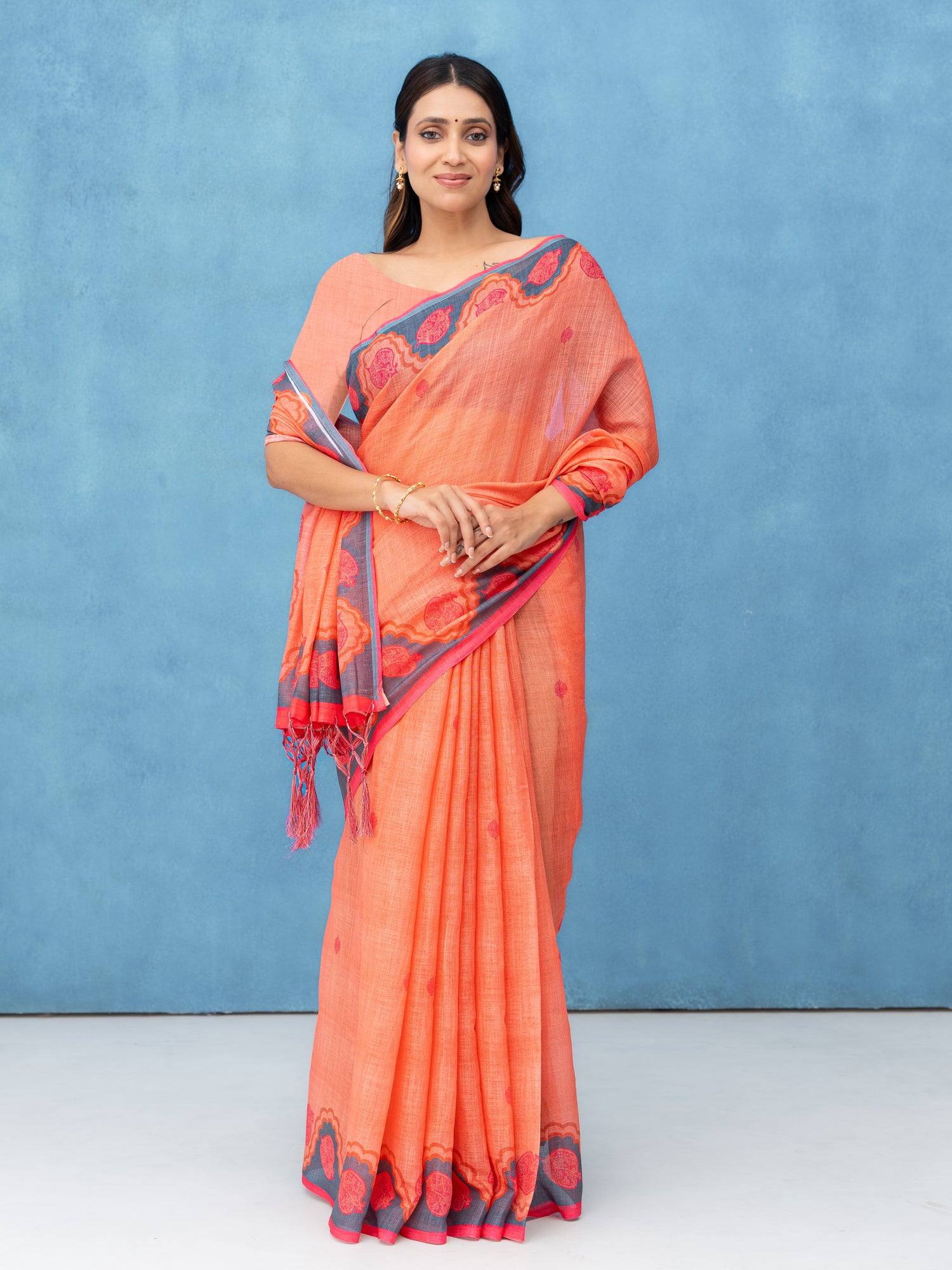 Peach Cotton Linen Saree