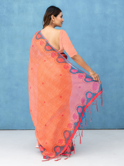 Peach Cotton Linen Saree