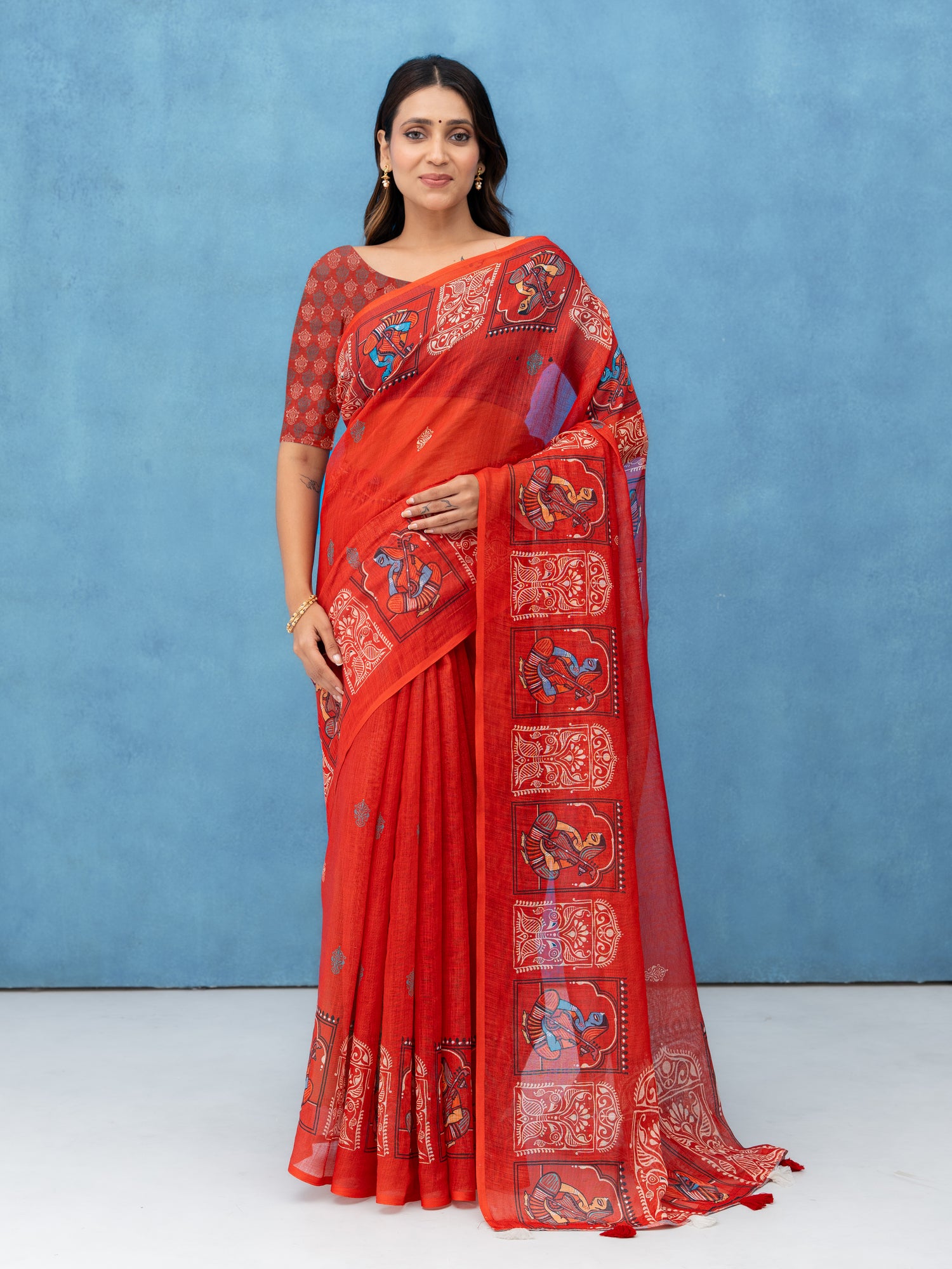 Red Cotton Linen Saree