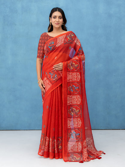 Red Cotton Linen Saree