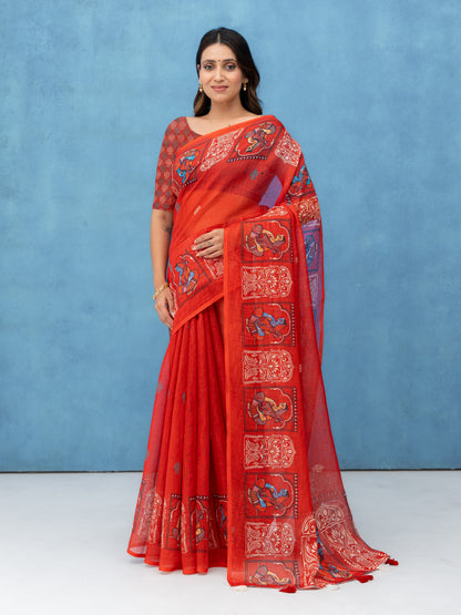 Red Cotton Linen Saree