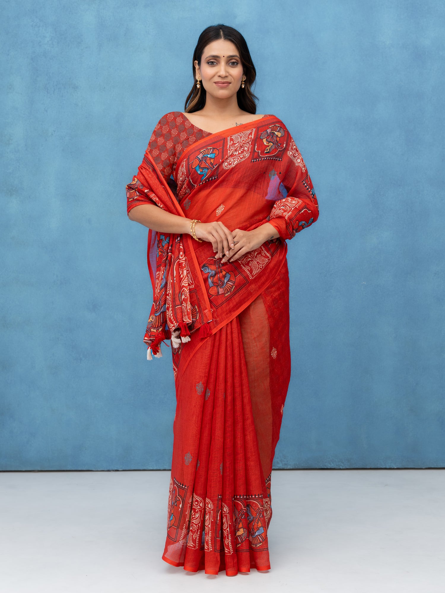 Red Cotton Linen Saree