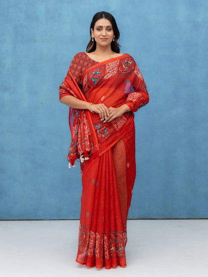 Red Cotton Linen Saree