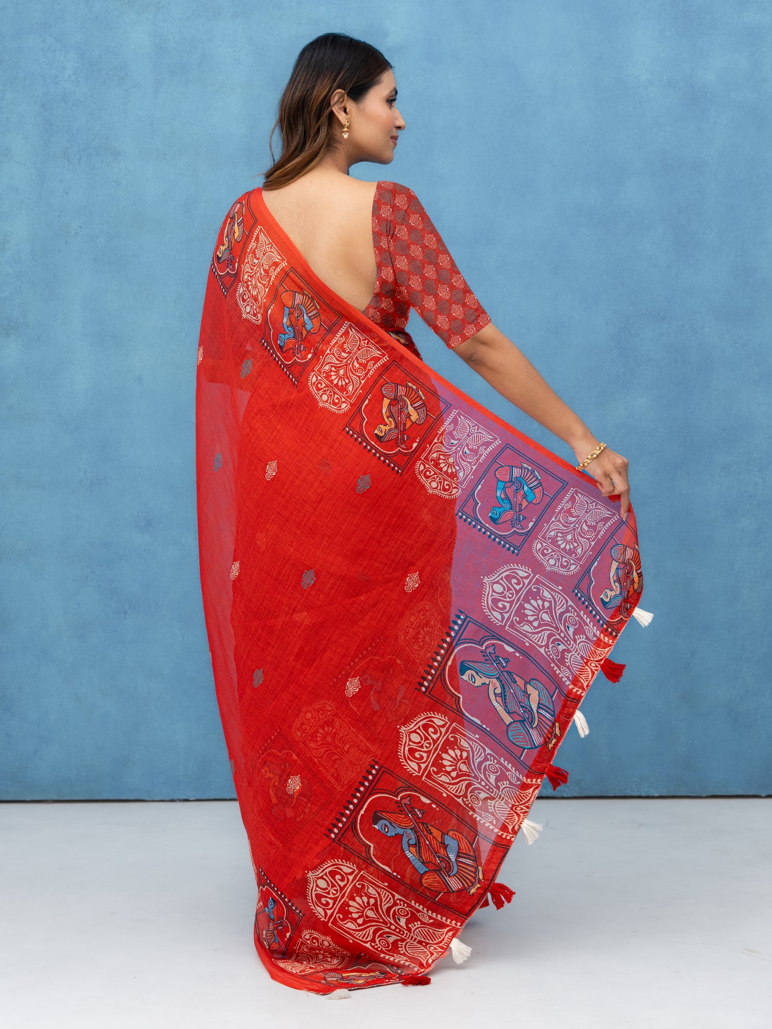 Red Cotton Linen Saree