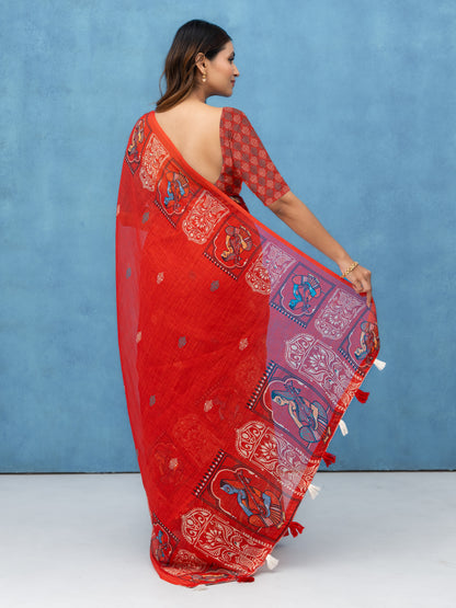 Red Cotton Linen Saree