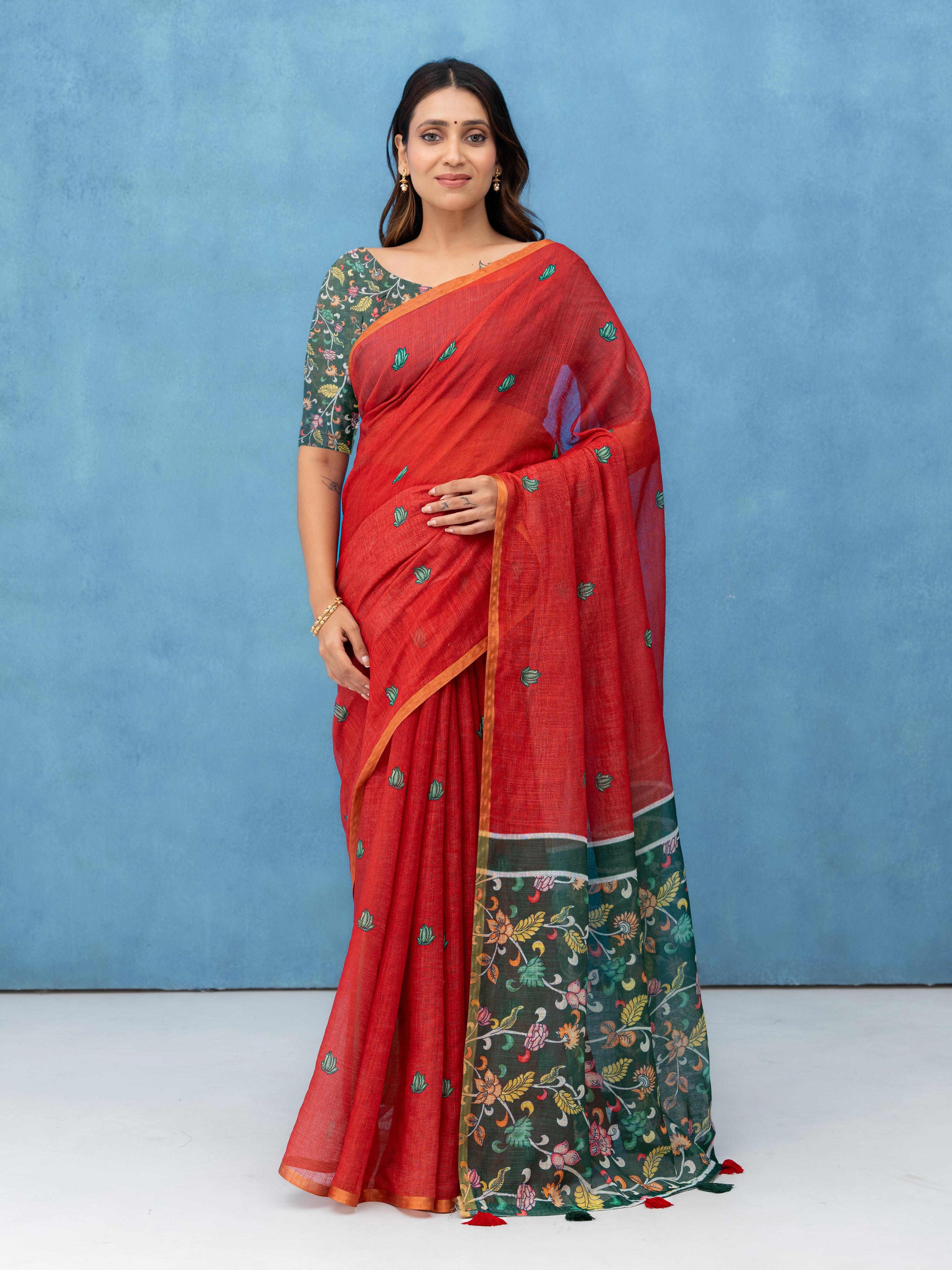 Red Cotton Linen Saree