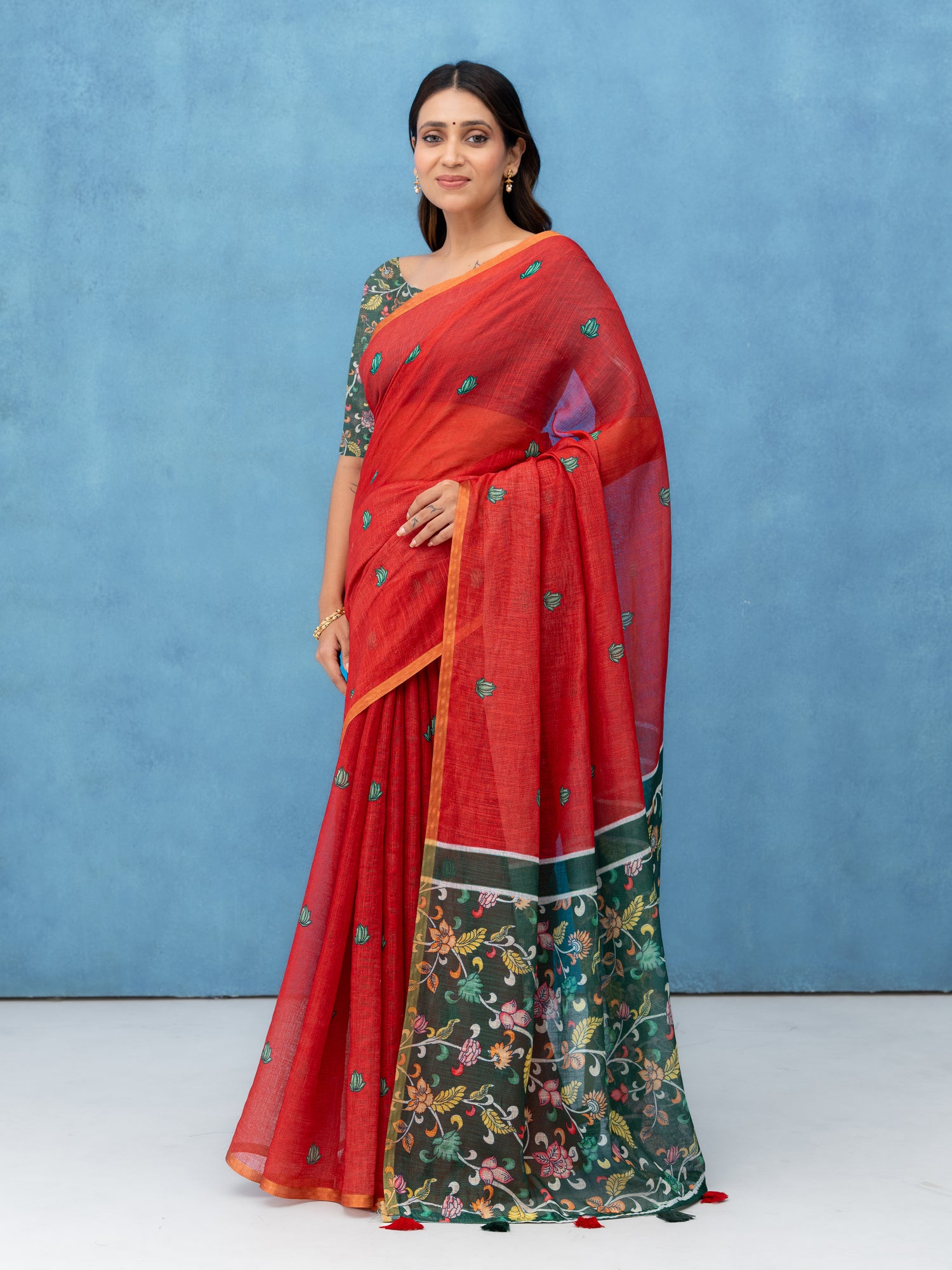 Red Cotton Linen Saree