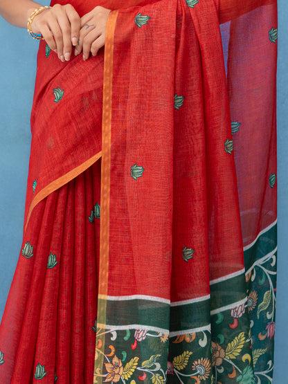 Red Cotton Linen Saree