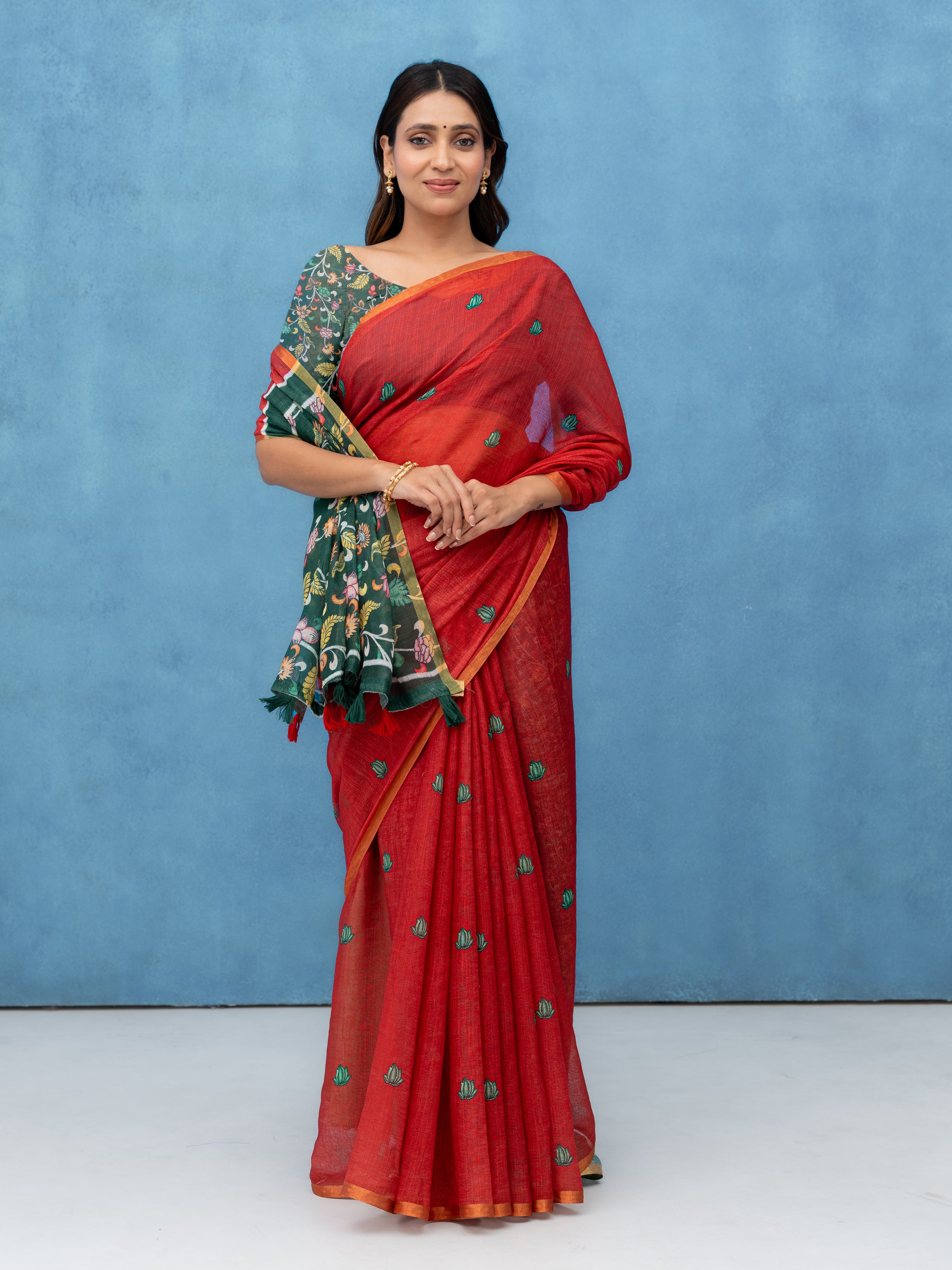 Red Cotton Linen Saree