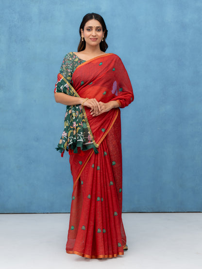 Red Cotton Linen Saree