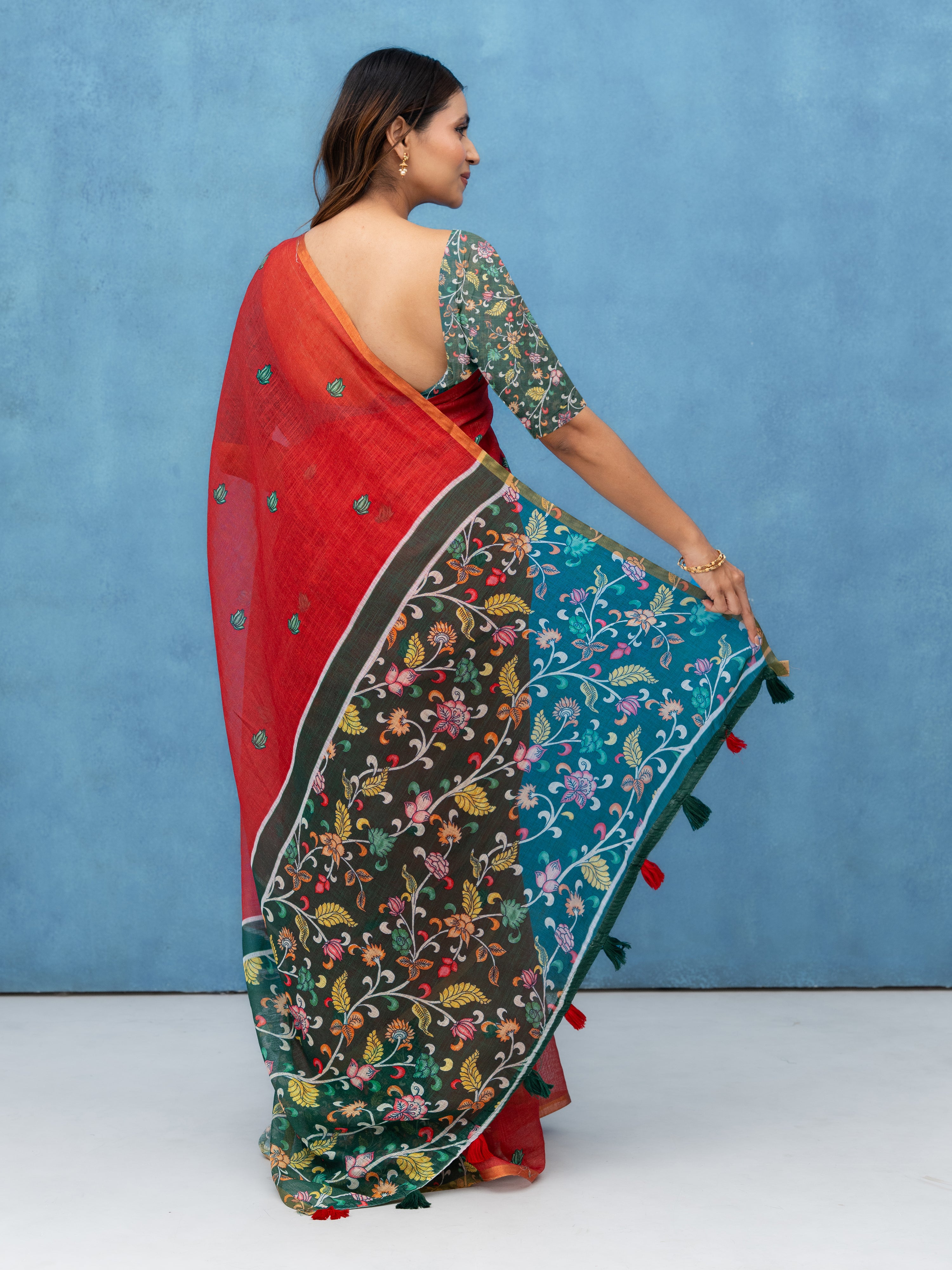 Red Cotton Linen Saree