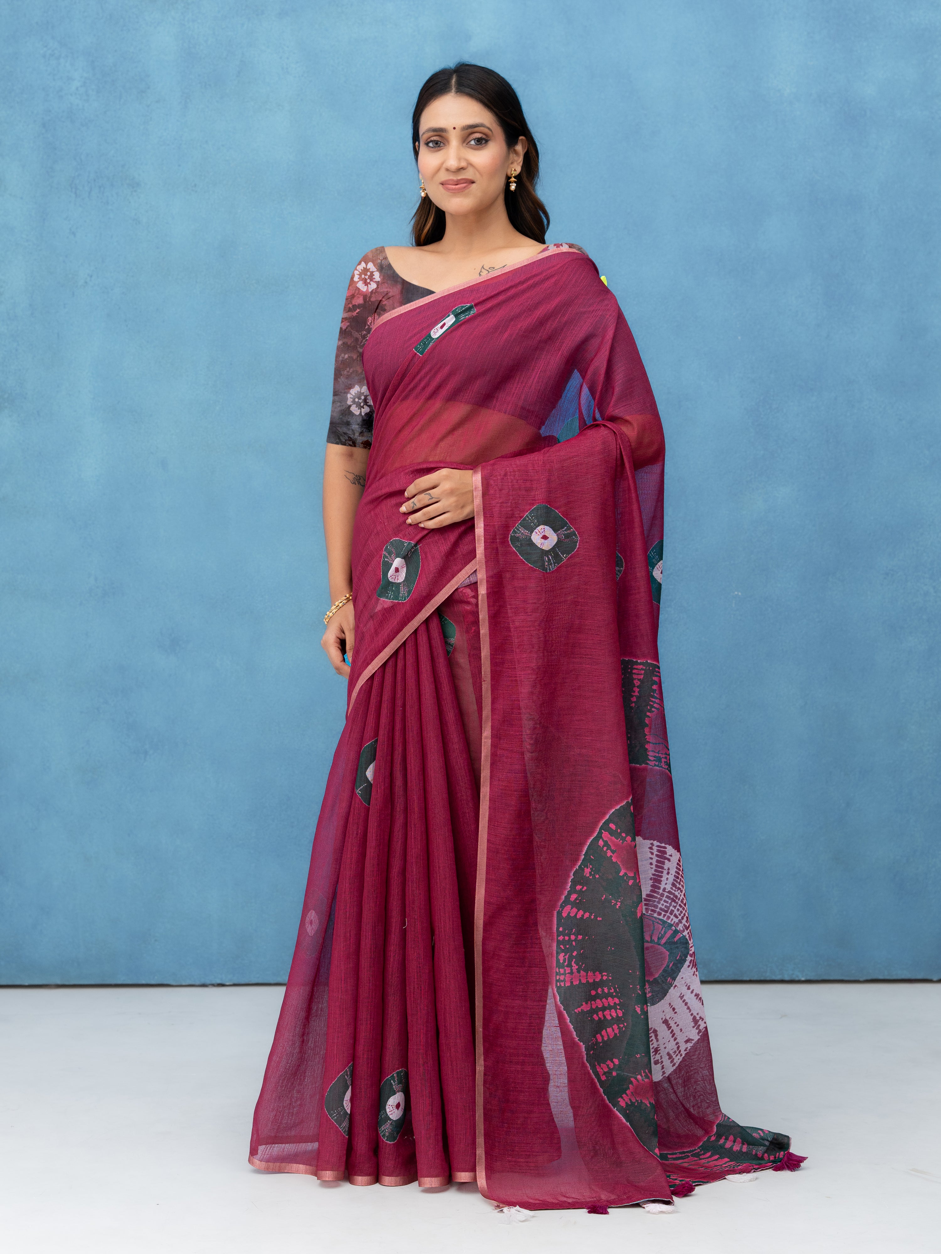 Maroon Cotton Linen Saree