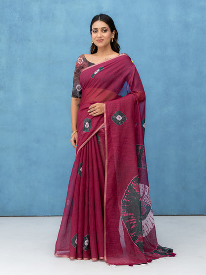 Maroon Cotton Linen Saree