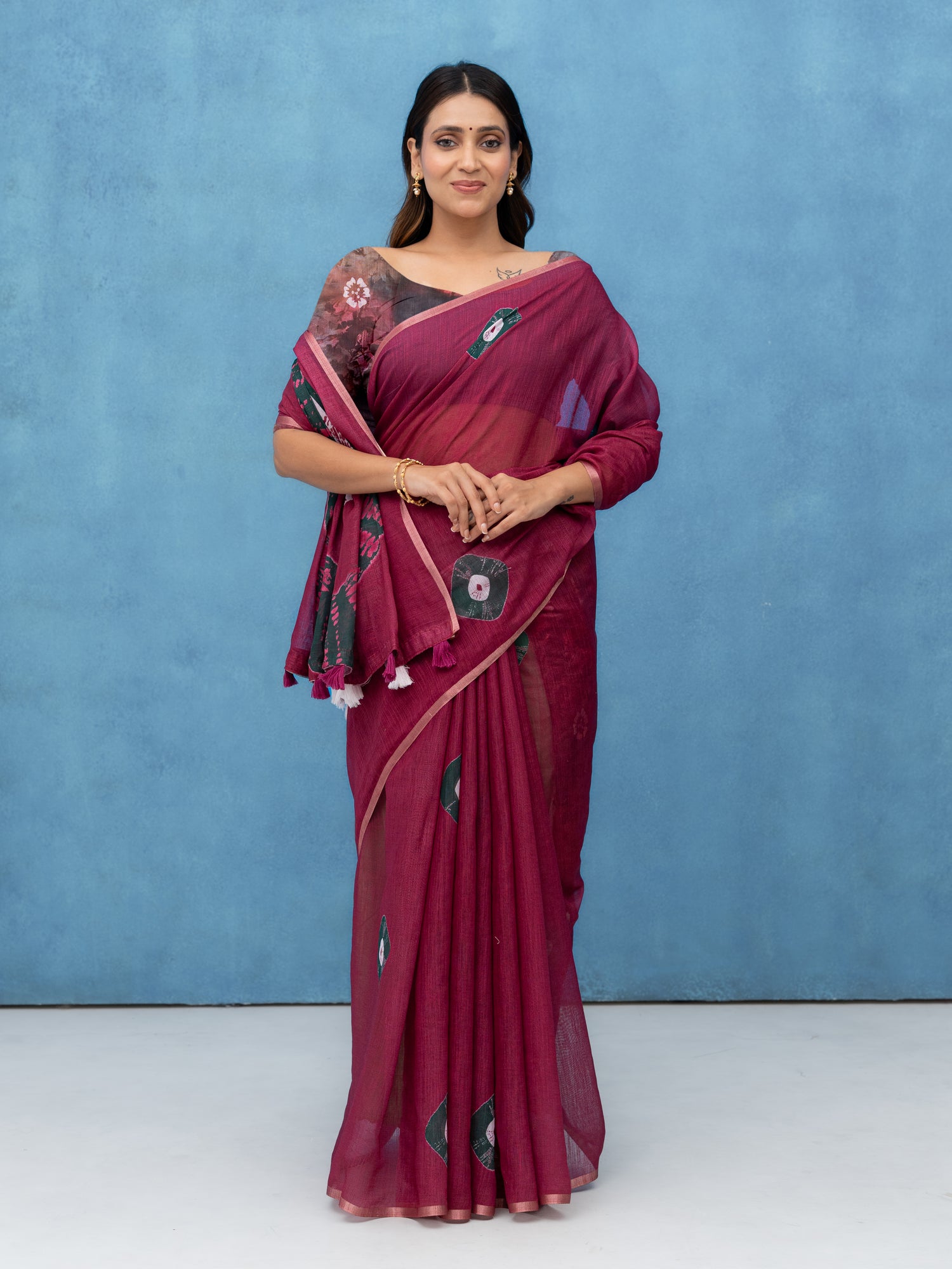 Maroon Cotton Linen Saree