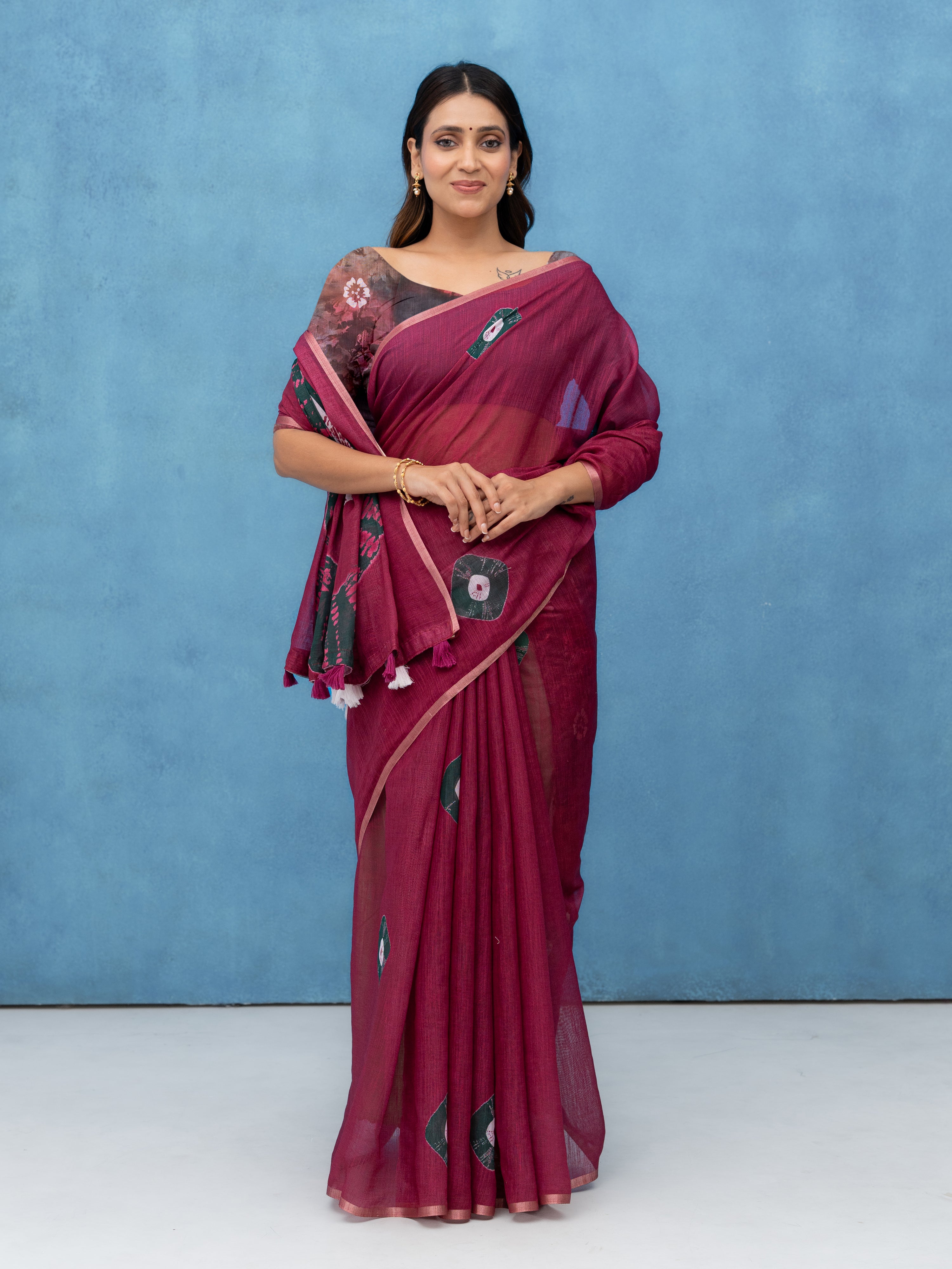 Maroon Cotton Linen Saree