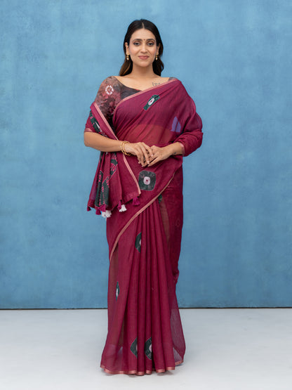 Maroon Cotton Linen Saree