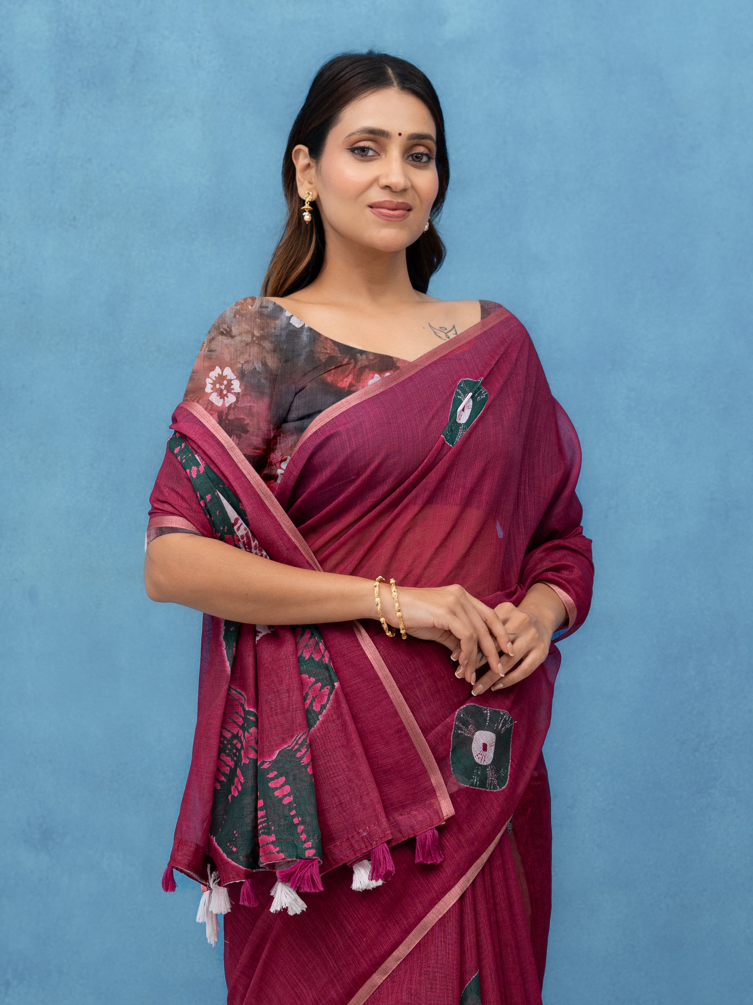 Maroon Cotton Linen Saree