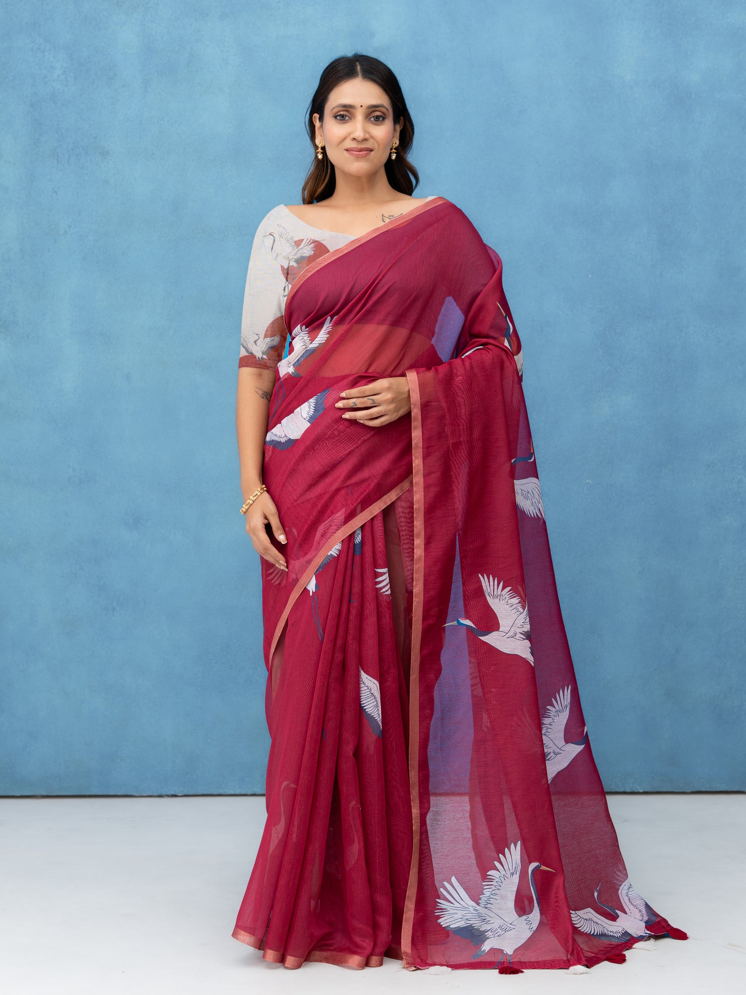 Maroon Cotton Linen Saree
