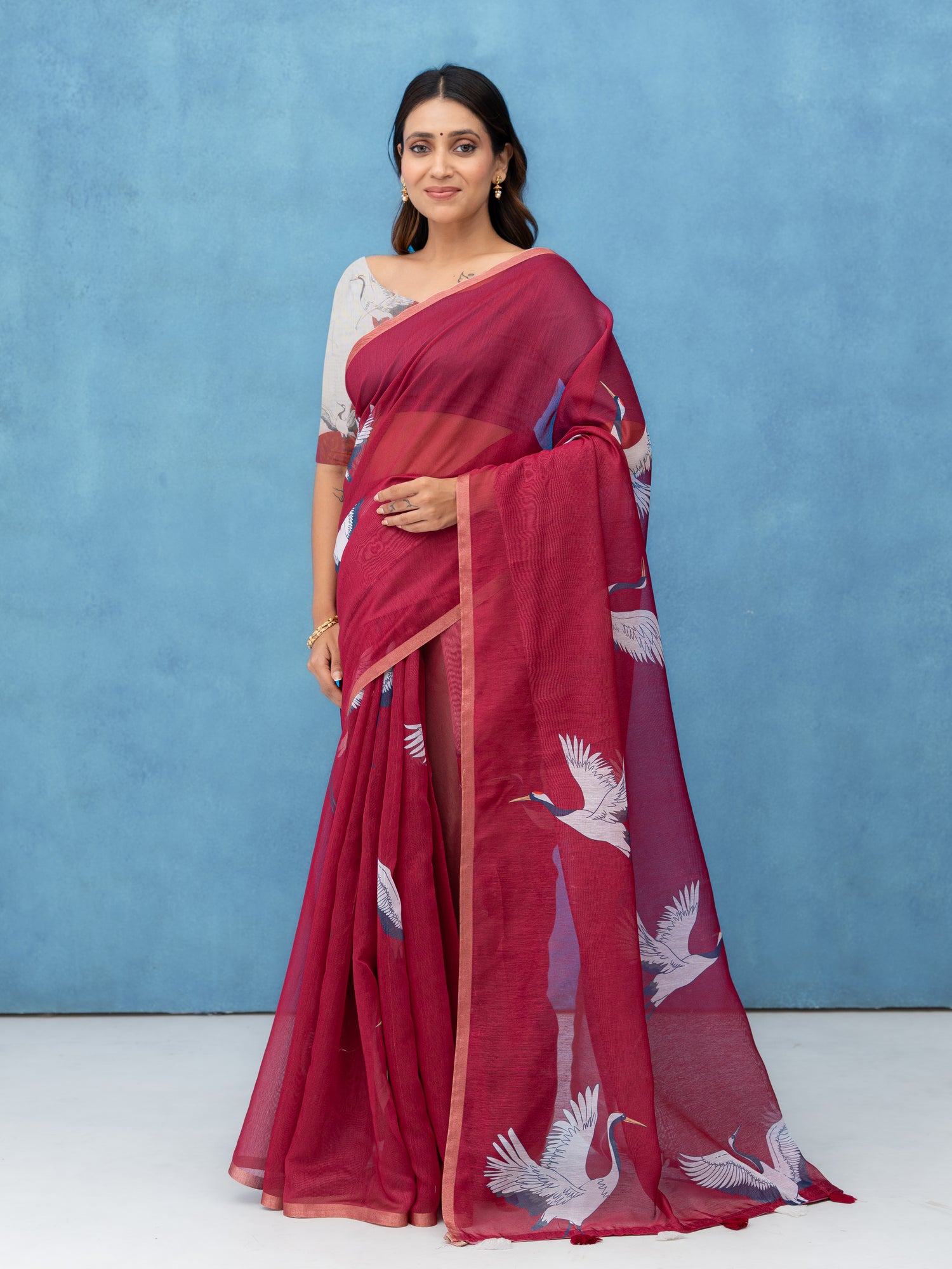 Maroon Cotton Linen Saree