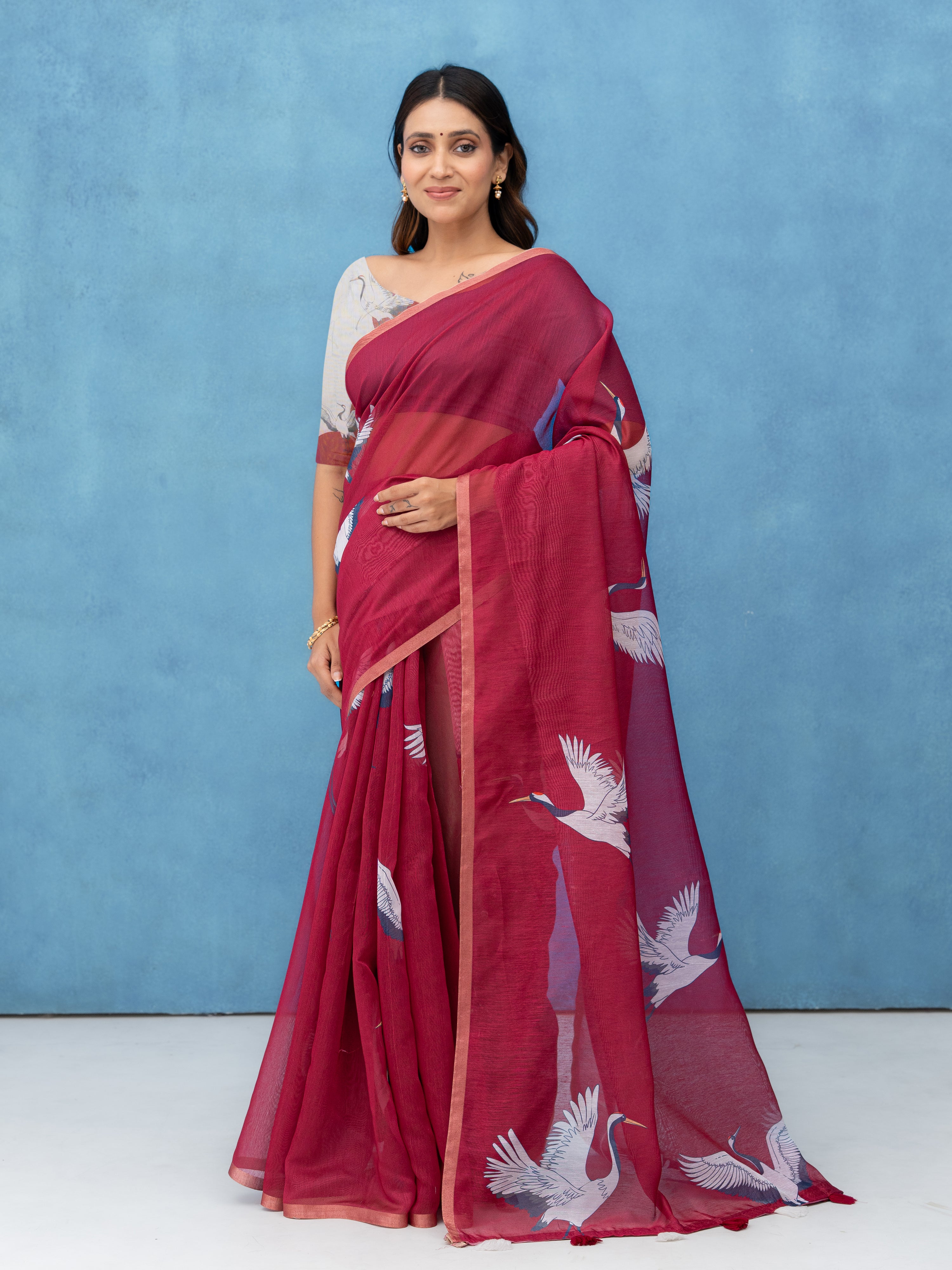 Maroon Cotton Linen Saree