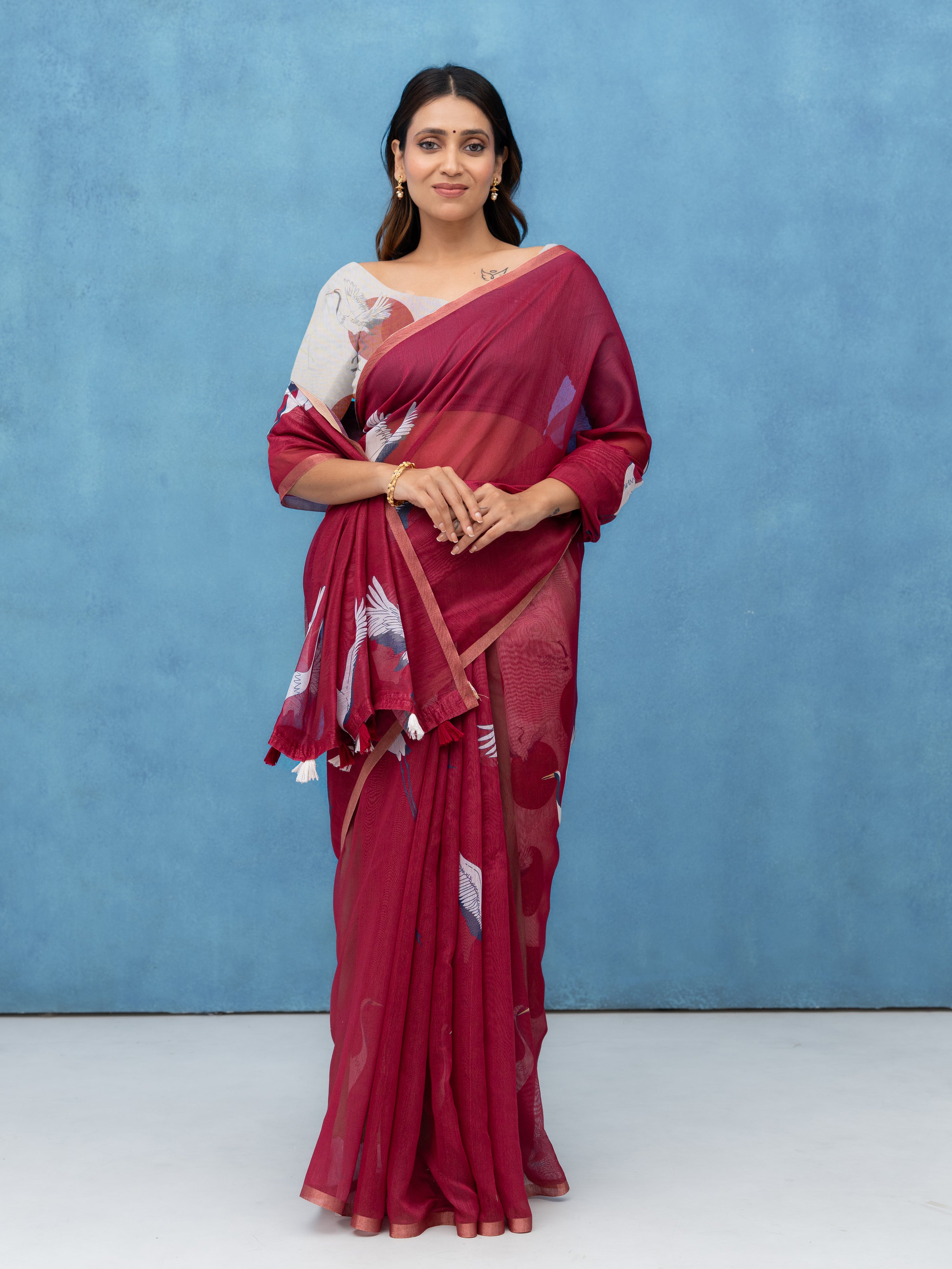 Maroon Cotton Linen Saree