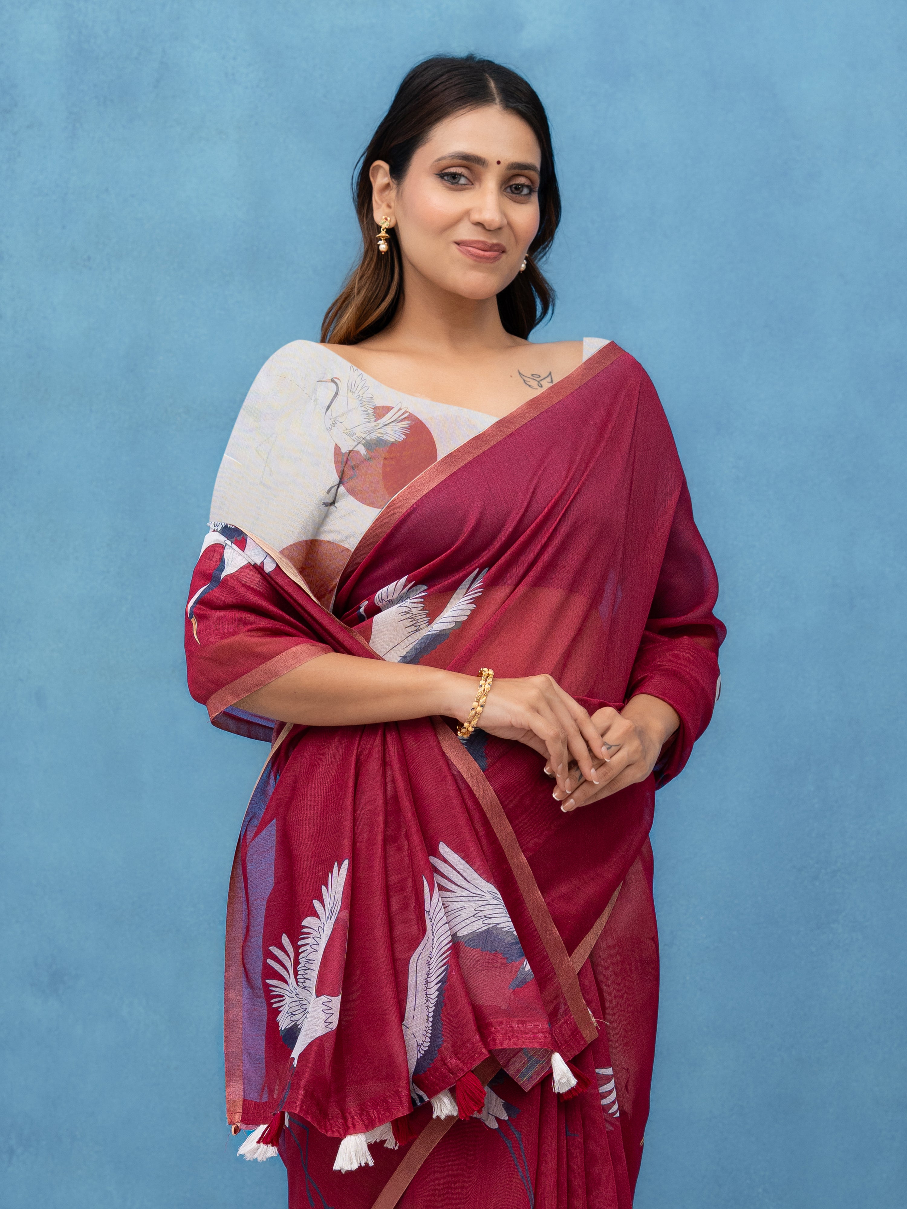 Maroon Cotton Linen Saree