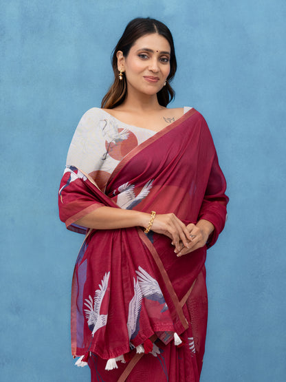 Maroon Cotton Linen Saree
