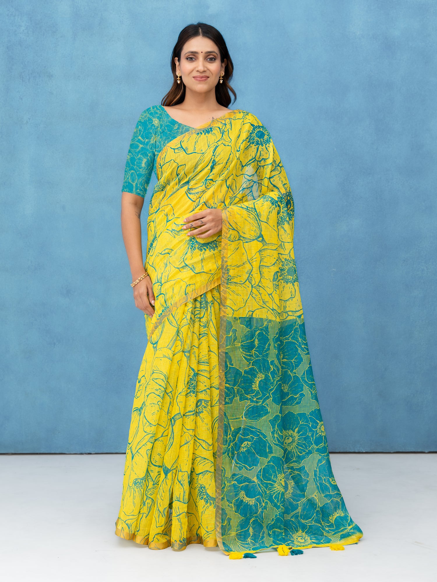 Yellow Cotton Linen Saree