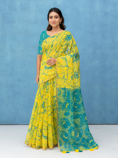 Yellow Cotton Linen Saree