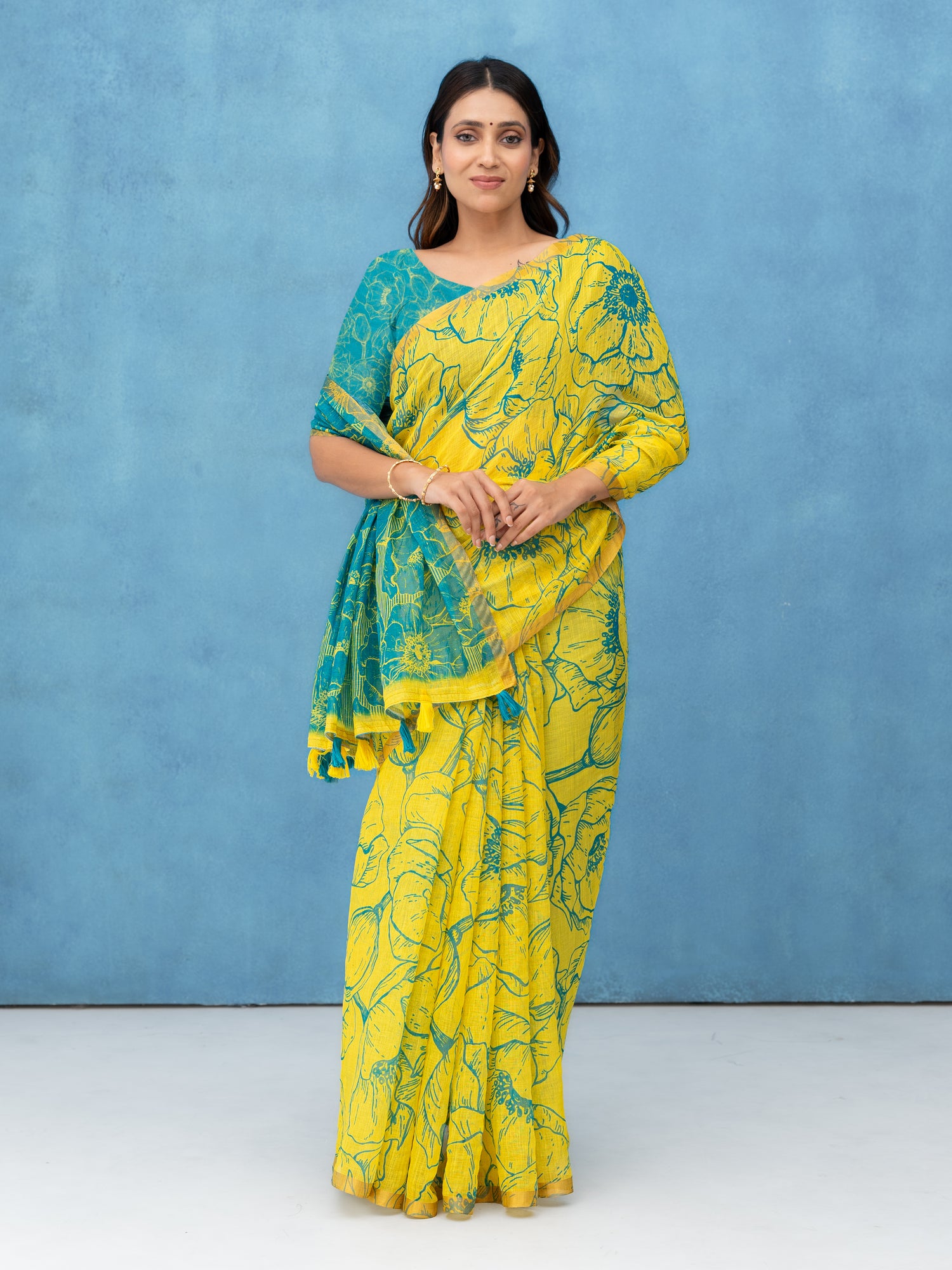 Yellow Cotton Linen Saree