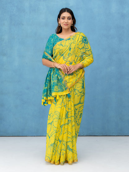 Yellow Cotton Linen Saree