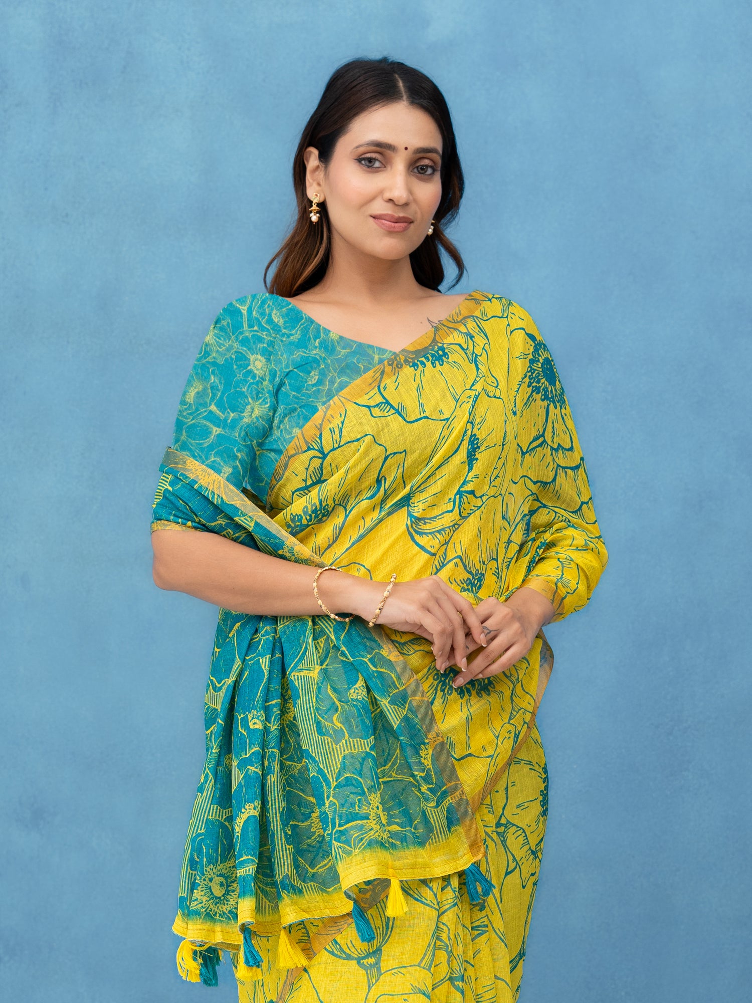 Yellow Cotton Linen Saree
