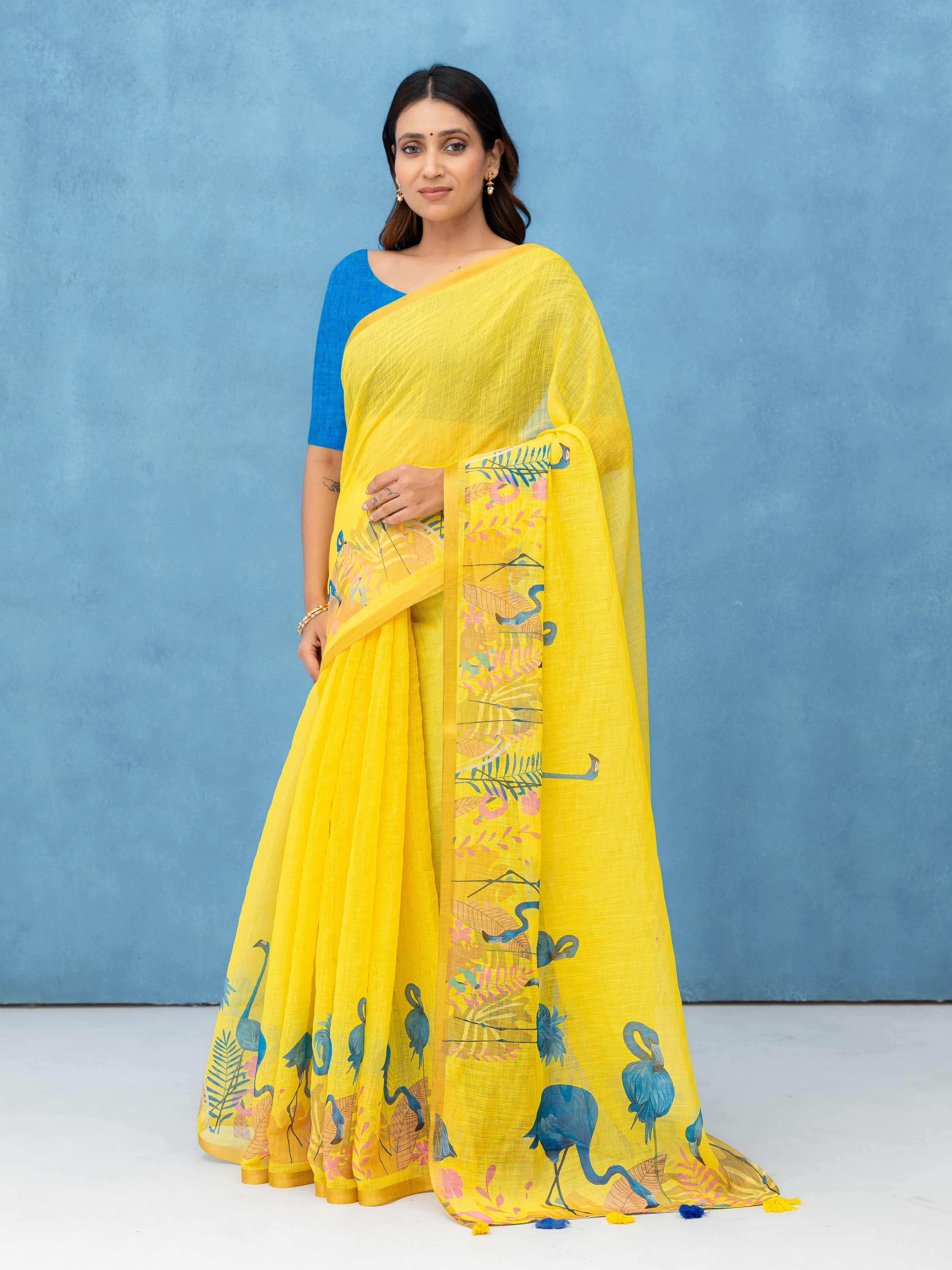 Yellow Cotton Linen Saree