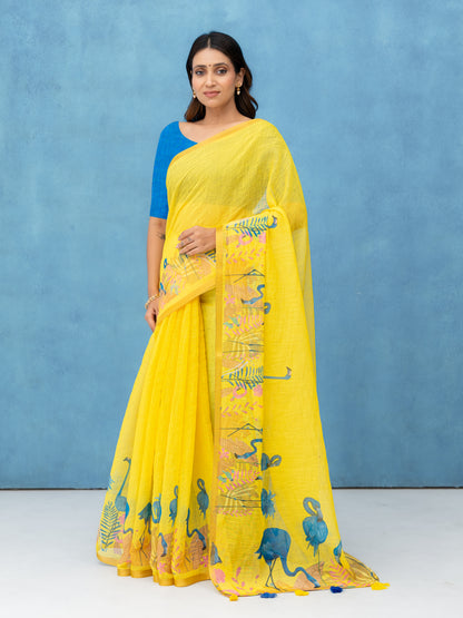 Yellow Cotton Linen Saree
