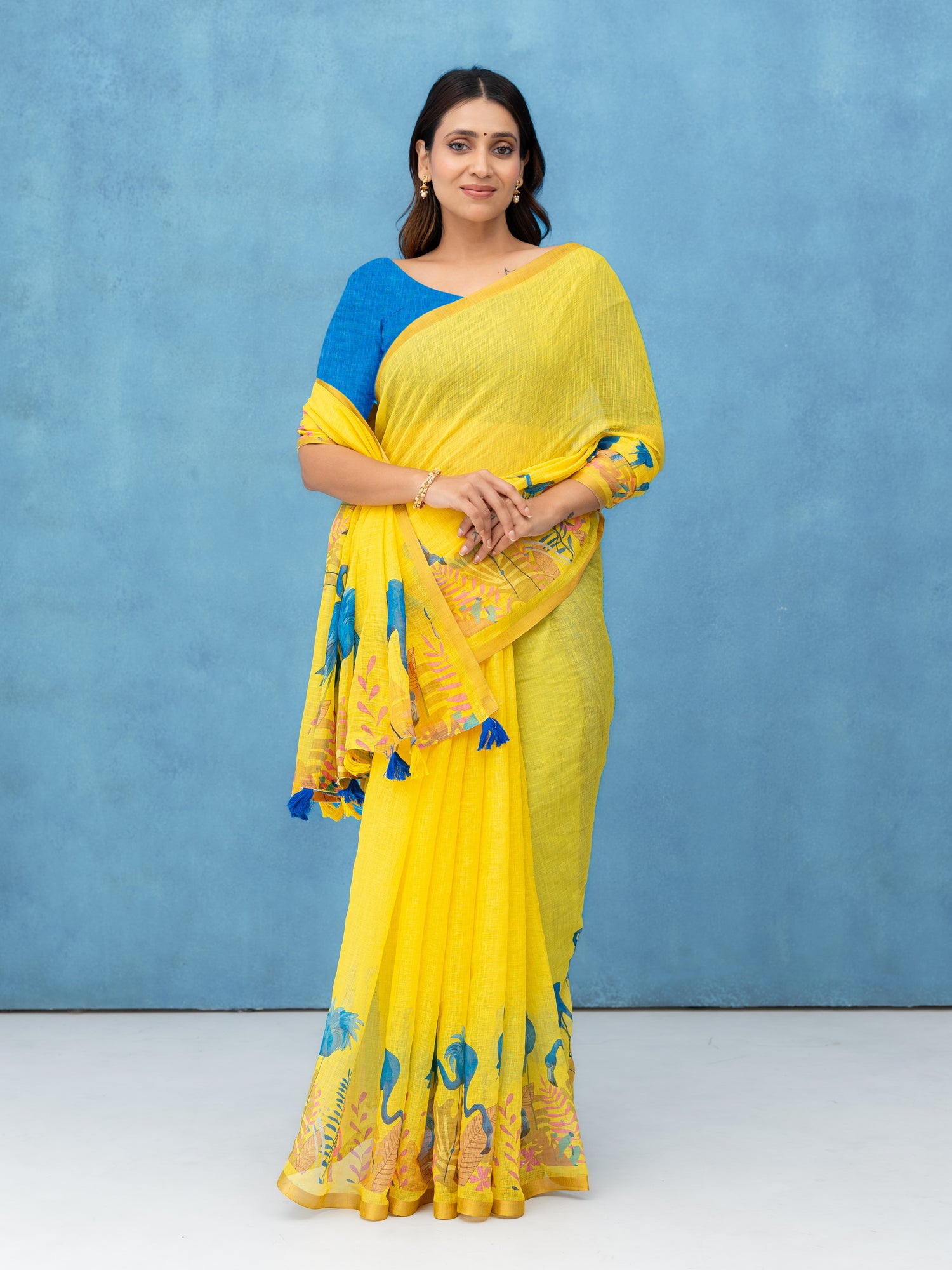 Yellow Cotton Linen Saree