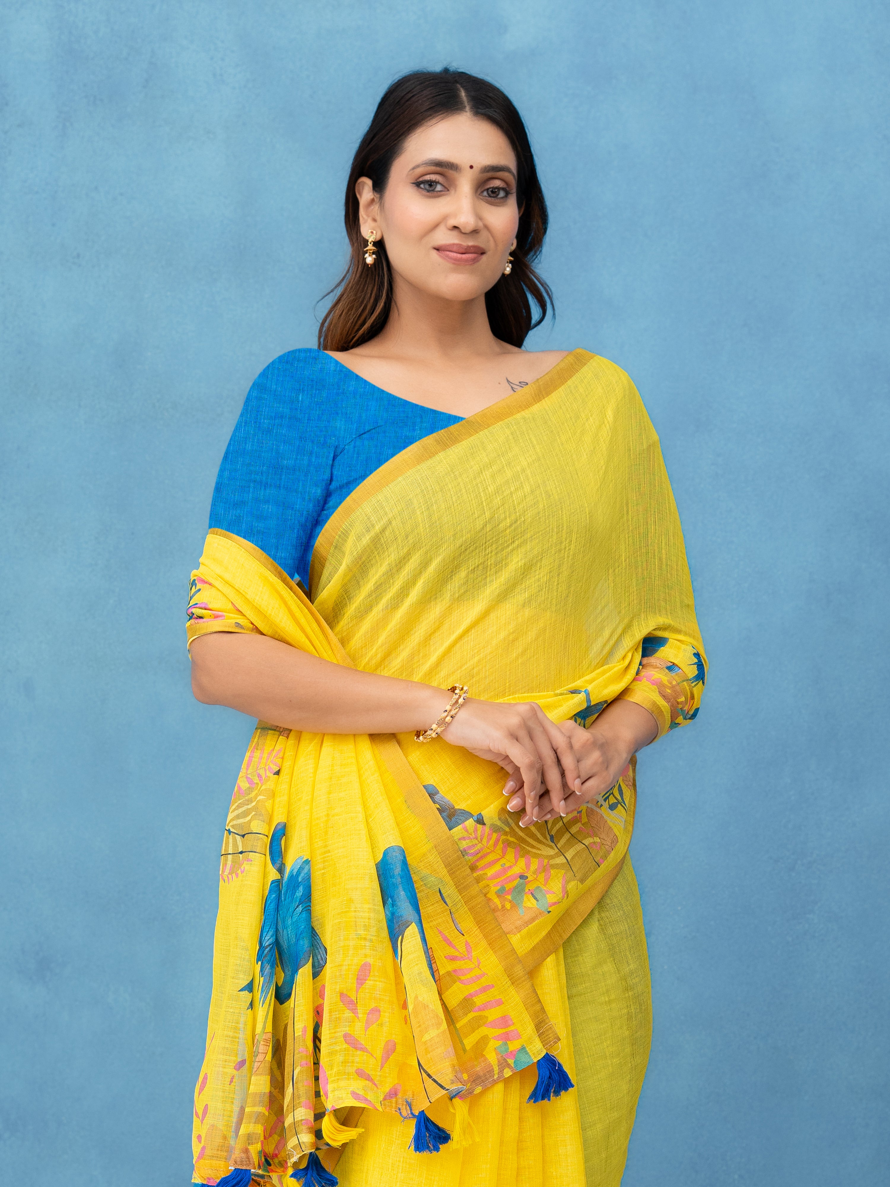 Yellow Cotton Linen Saree