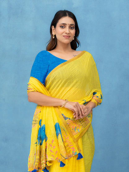 Yellow Cotton Linen Saree