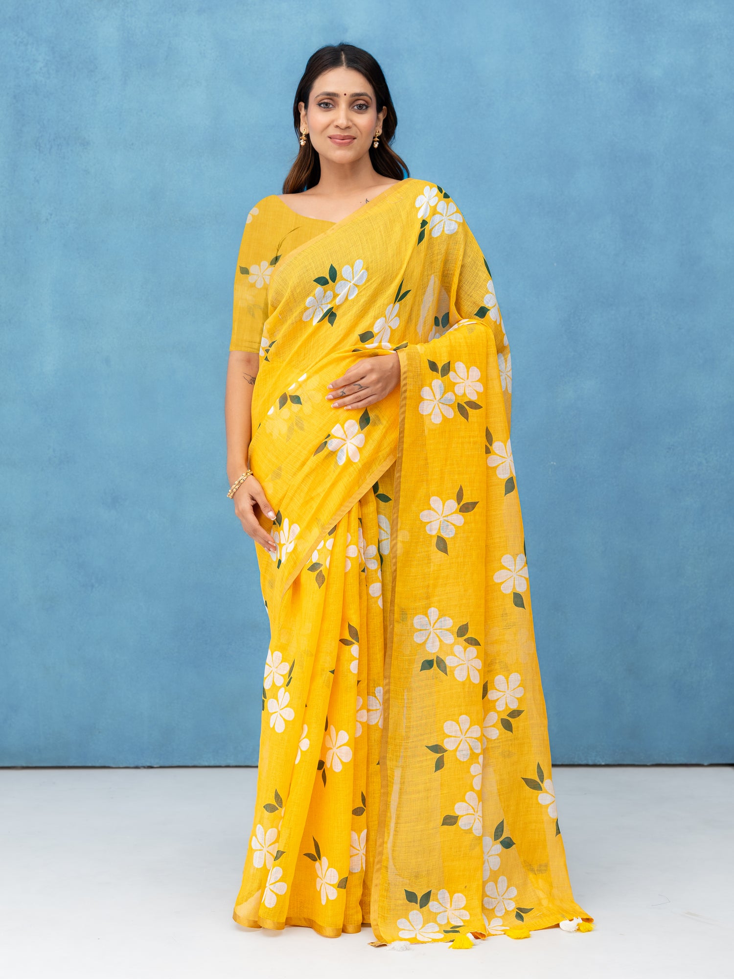 Yellow Cotton Linen Saree