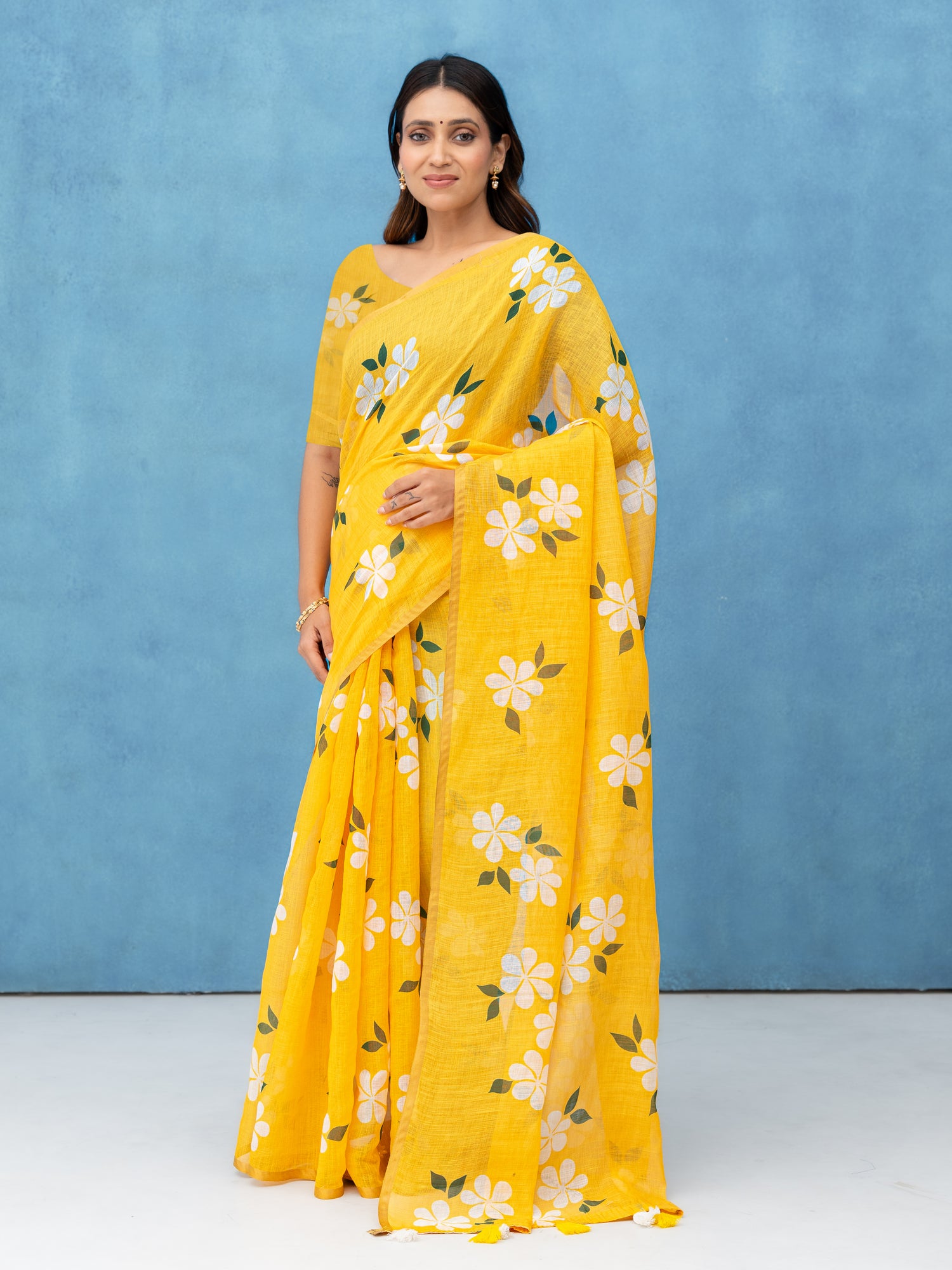 Yellow Cotton Linen Saree