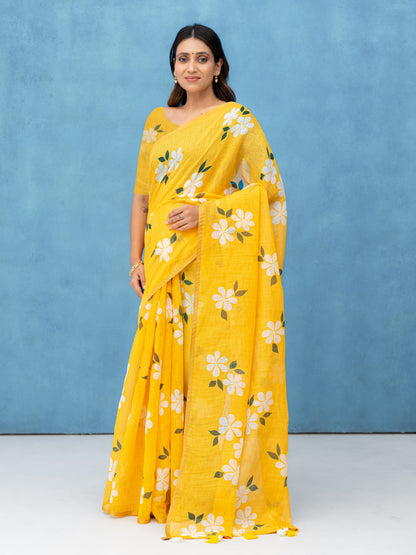 Yellow Cotton Linen Saree